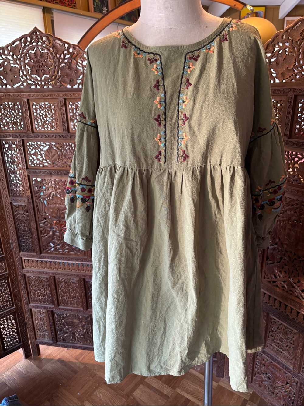 NWOT Embroidered Olive Long-Sleeve Peasant Dress